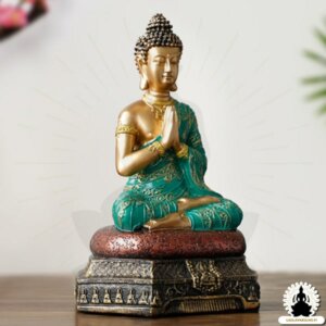 Buddha patsas Vihreä ja kultainen hartsibuddha (23 cm) Zen Meditaatio Koristeeksi (2)